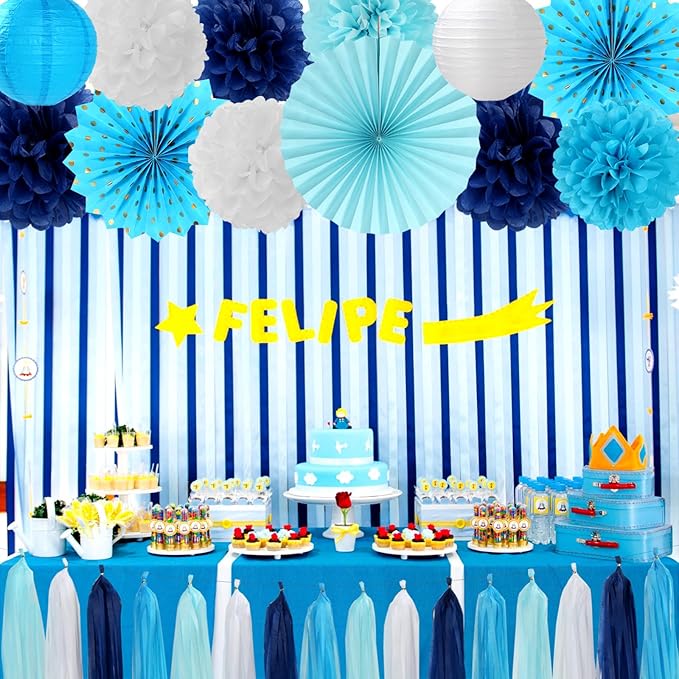 Light Royal Navy-Blue White Party-Decorations - 33pcs Kits Banner, Streamers Tassel Garland,Tissue Pom Poms Honeycomb, Paper Lantern Fans,Birthday Bachelorette Bridal Wedding Baby Shower Decor Hugtmr