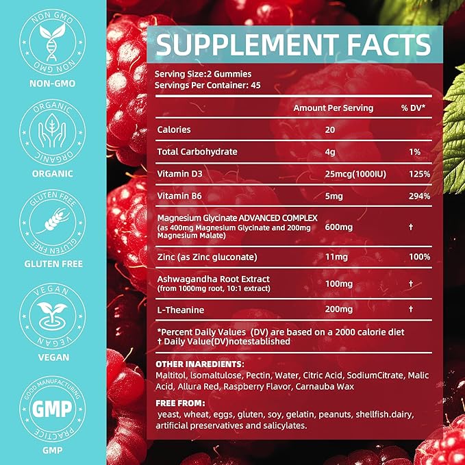 90 Count Magnesium Glycinate Gummies 400 mg - Sugar Free Magnesium Supplement for Adults with Glycinate & Malate, L-Theanine, Ashwagandha, Zinc, Vitamin B6 & D3, Supports Relaxation & Sleep