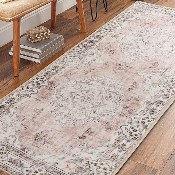 MUJOO Non Slip Boho Pink Runner Rug, Machine Washable for Hallways Entryway Kitchen Bathroom Bedside Retro Soft Low-Pile 2'x6' Blossom