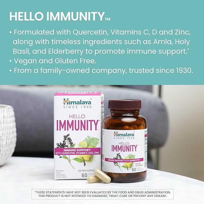 Himalaya Hello Immunity with Quercetin, 60 Day Supply - Herbal Immune Support Supplement, Bioflavonoid and Antioxidant for Immunity and Daily Wellness - Vegan, Non-GMO, Gluten Free, 500 mg, 60 Caplets