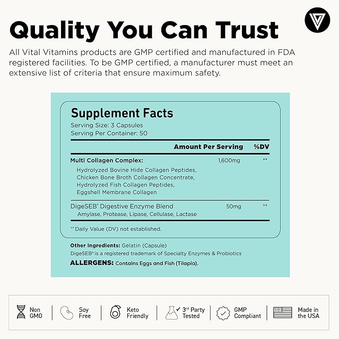 Vital Vitamins Multi Collagen Pills for Women & Men (2-Pack) - Hydrolyzed Collagen Peptides - Type I, II, III, V, X - Grass Fed, Non-GMO