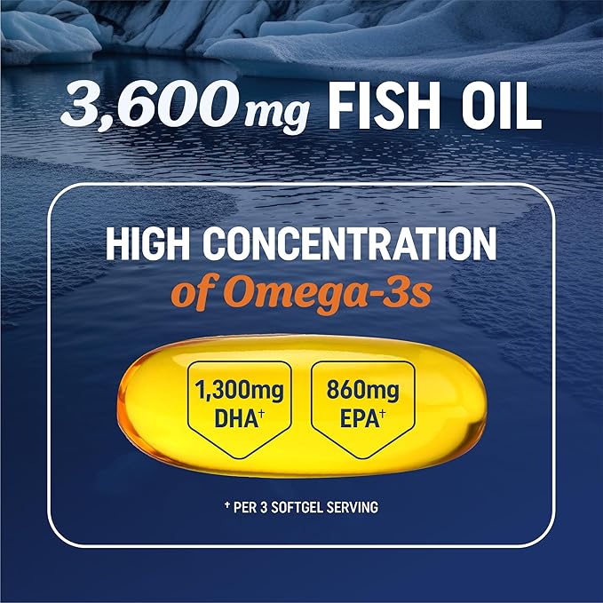 Triple Strength Omega 3 Fish Oil 3600 mg | EPA & DHA | Over 2100mg Omega-3 Fatty Acids | 1300mg EPA + 860mg DHA | Best Essential Fatty Acids | Premium Wild Caught & Burpless Fish Oil | 180 Ct