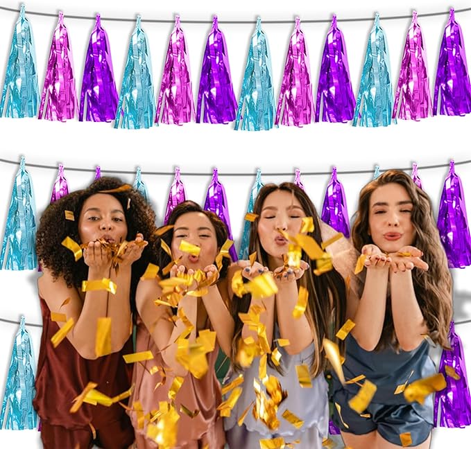 3P Lake Blue Purple-Hot Pink Metallic Fringe Tassel Banner Garland Foil Tinsel Streamer Wall Hanging Curtain Backdrop Banner for Parade Floats,Graduation Decorations, Wedding Party Decoration