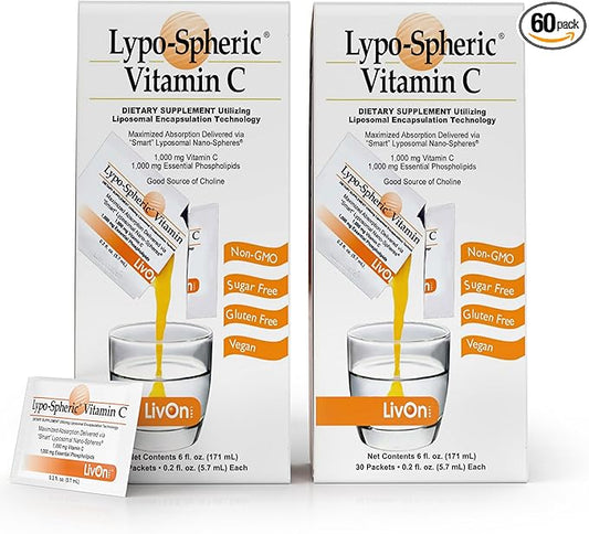 LivOn Laboratories Lypo–Spheric Vitamin C – 1,000 mg Vitamin C & 1,000 mg Essential Phospholipids Per Packet – Liposome Encapsulated for Improved Absorption – Non–GMO(2 Cartons,60 Packets)