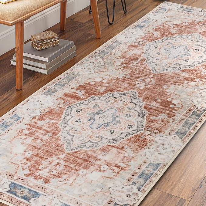 MUJOO Hallway Runner Rug Machine Washable 2'x6 ' Non Slip Boho Runner Rugs for Hallways Entryway Kitchen Bathroom Bedside Retro Soft Low-Pile Orange Navy Blue Flowers