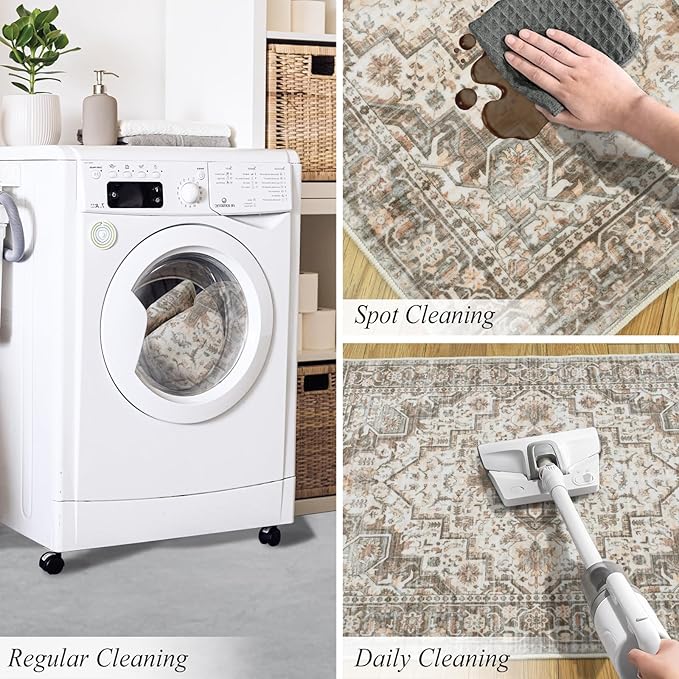 Area Rug 2x3 Washable Door Mat, Vintage Distressed Rug Indoor Entrance Traditional Thin Rug, Floral Print Non Slip Carpet for Kitchen Bathroom Bedroom Living Room (Brown, 2X3)