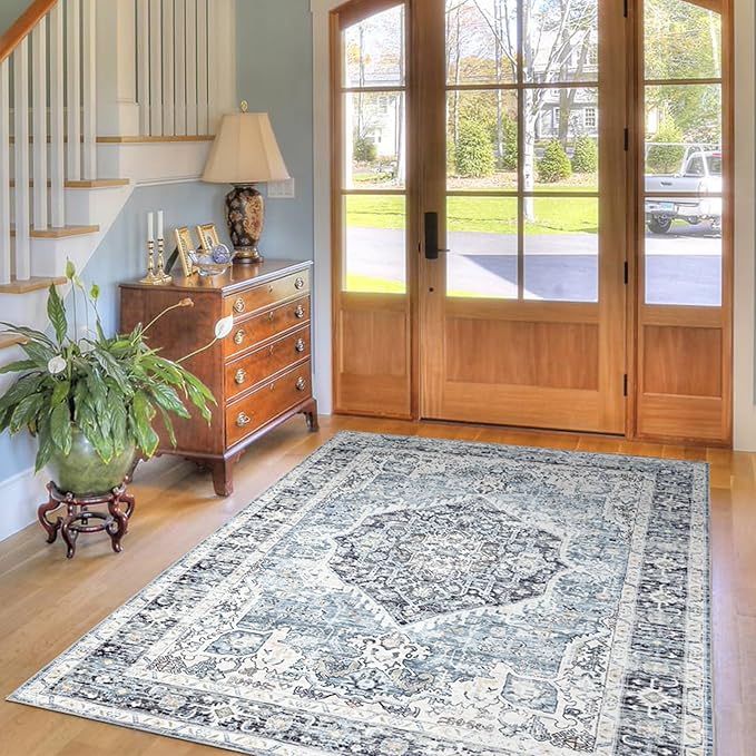 Area Rug 5×7, Vintage Boho Rug,Ultra-Soft Low Pile, Washable, Non Slip,Stain Resistant Printed Carpet for Living Room Bedrooms Playroom Office Kitchen, Light Blue