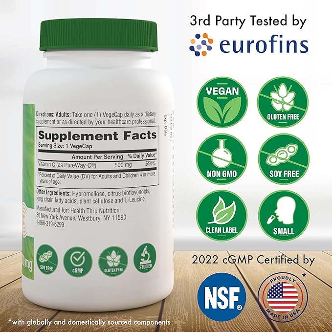 Health Thru Nutrition Vitamin-C 500mg as PureWay-C 360 Vegecaps Superior Absorption | Healthy Immune Function and Collagen Support | 3rd Party Tested | Vegan, Non-GMO and Gluten Free