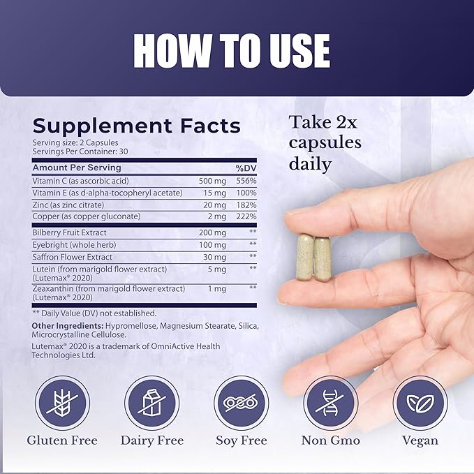 Vision Nutri Complex - Eye Vitamins with Lutein, Bilberry - Eye and Vision Health for Men & Women - 60 Capsules