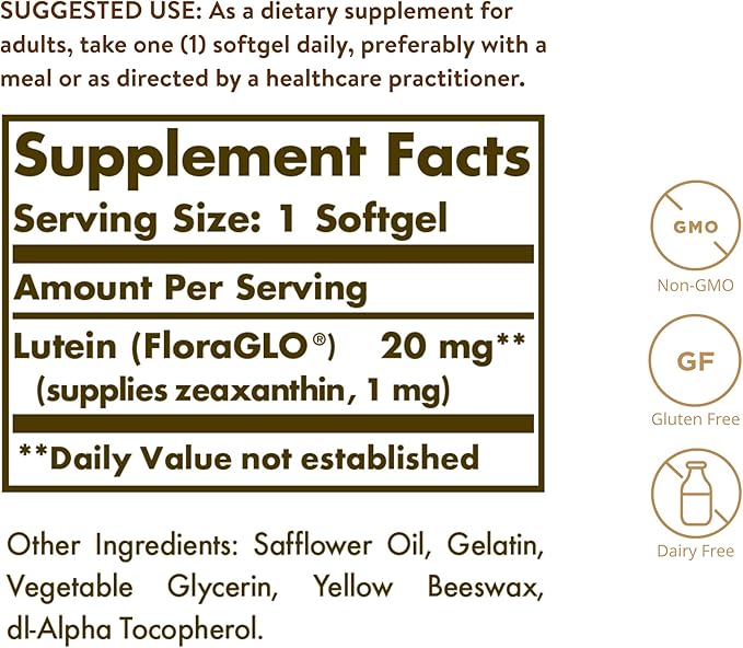 Solgar Lutein 20 mg, 60 Softgels - Supports Eye Health - Helps Filter Out Blue-Light - Contains FloraGLO Lutein - Non-GMO, Gluten Free, Dairy Free - 60 Servings