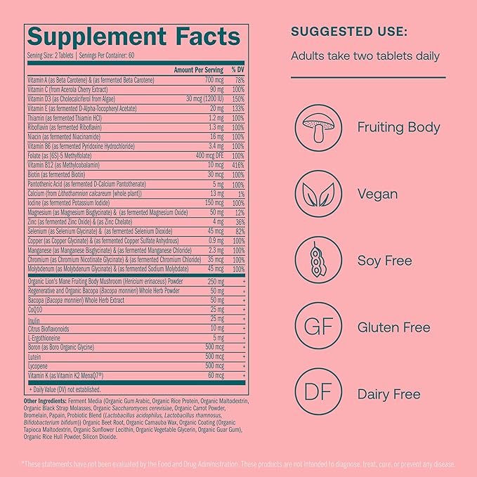 True Grace Daily Women’s Multivitamin 50+ - 120 Easy-to-Swallow Tablets - Immune, Energy, Longevity & Memory Support - Vegan - Gluten, Soy & Iron Free - 60 Servings