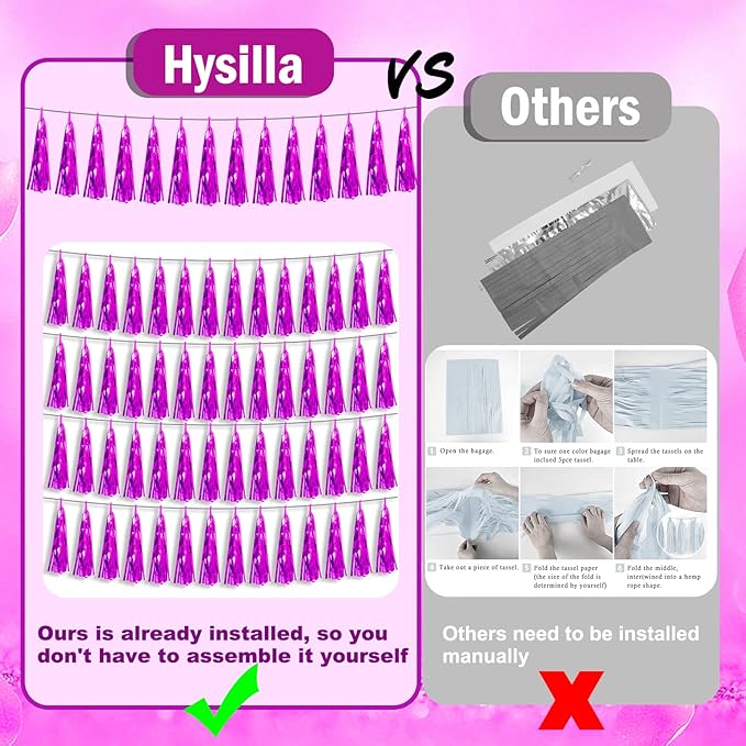 3P Fuchsia Foil Fringe Metallic Tassel Streamers Banner Tassel Garland for Parade Floats, Bachelorette, Wedding, Birthday, Halloween, Christmas, Bridal/Baby Shower Party Decorations