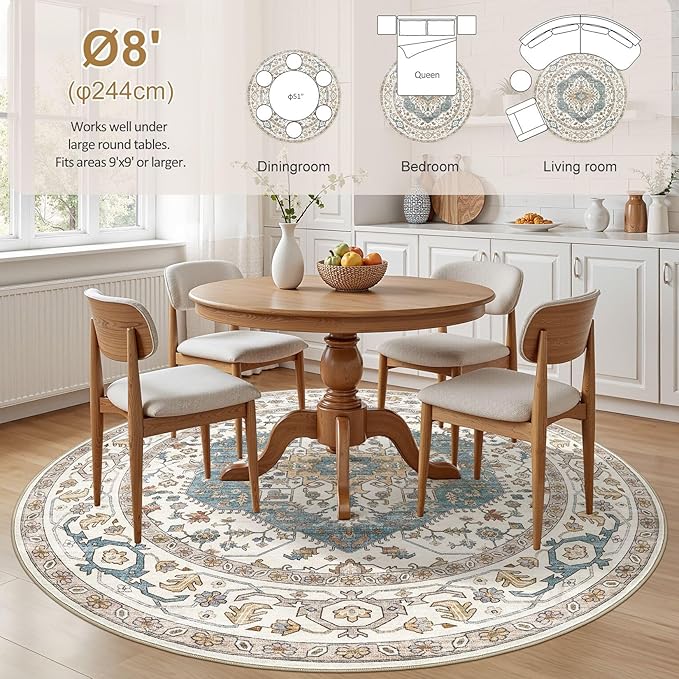 Area Rug for Living Room - 8x8 Soft Washable Oriental Vintage Floral Distressed Large Carpet - Fade Stain Resistant Non Slip Rugs for Bedroom Dining Room Nursery Dorm Office Home Decor - Blue/Beige