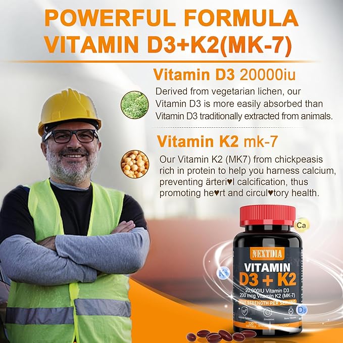 Vitamin D3 20,000 IU + K2(MK7) 200mcg-Optimal Vitamin D3 & K2-Support Strong Bones & Muscle, Calcium Absorption & Immune Health, Helping Vitamin D Deficiencies, Easy to Swallow, (Pack of 2)