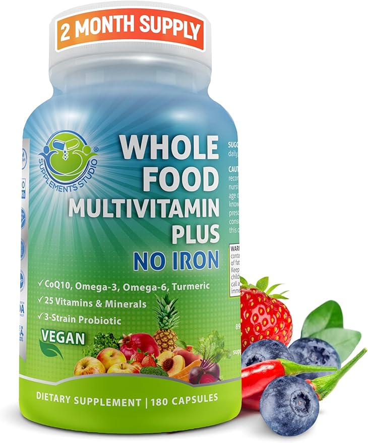 Vegan Whole Food Daily Multivitamin Without Iron, Methylated Multivitamin for Women and Men, Made with Fruits & Vegetables, B-Complex, Probiotics, Enzymes, CoQ10, Omegas, Turmeric, Non-GMO, 180 Count