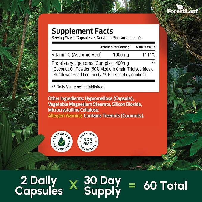 ForestLeaf Liposomal Vitamin C 1000mg Capsules | High Dose Vitamin C Liposomal Supplement w Coconut Oil Fatty Acids | Fast Absorption | Immune Support, Antioxidant, Collagen Production | 120 Vegan Cap
