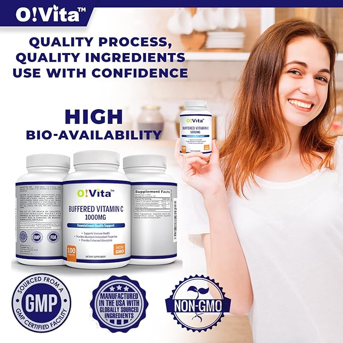 Buffered Vitamin C 1000mg for Support of Immune Health, 100 buffered Non-GMO Tablets, 100-day Supply