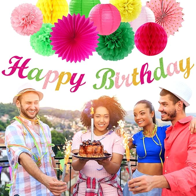 Hawaiian Luau Birthday Party-Decorations Supplies - 21pcs Happy Banner,Beach Paper Lanterns Honeycomb,Flamingo Pool Streamers Garland,Summer Tissue Pom Poms Flowers Fans,Tropical Tiki Decor Burgleda