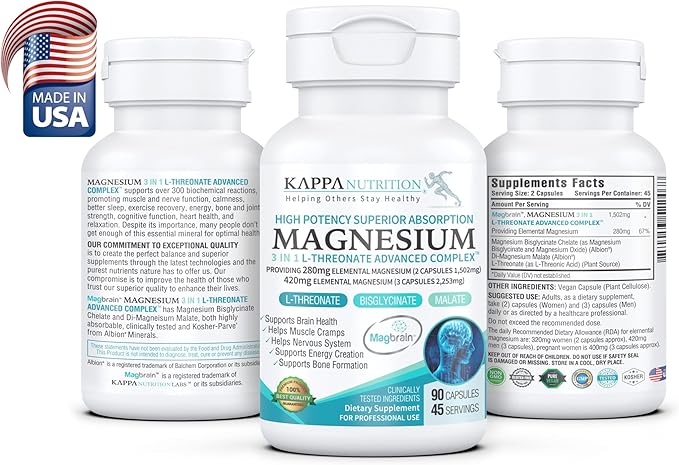 Kappa Nutrition Magbrain™ Magnesium L-Threonate Plant-Based, 420mg Elemental Magnesium (3 Capsules) from 2,253mg, 90 Vegan Capsules, Brain, Sleep & Muscle Support.