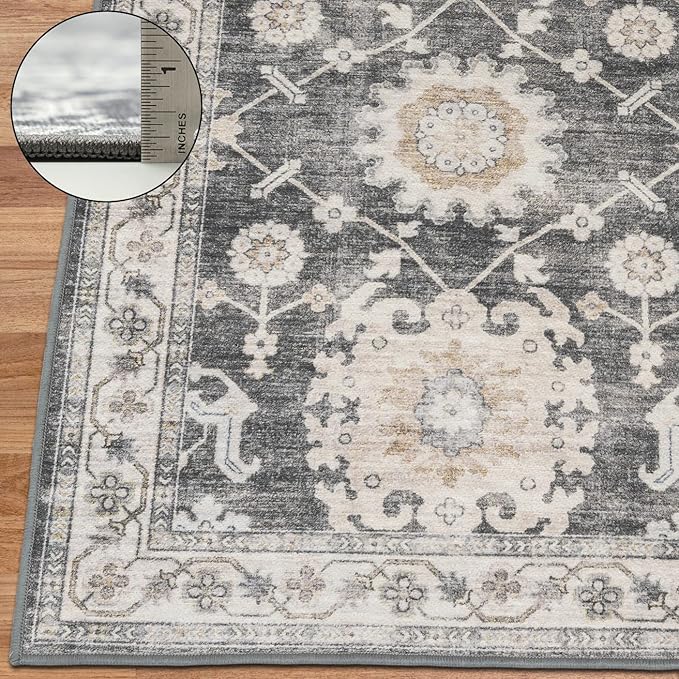 ReaLife Rugs Machine Washable Area Rug Runner - Living Room Bedroom Bathroom Kitchen Entryway - Padded Low Pile Stain Resistant Premium - Boho Farmhouse Vintage - Bryn - Gray Beige Ivory 3' x 5'