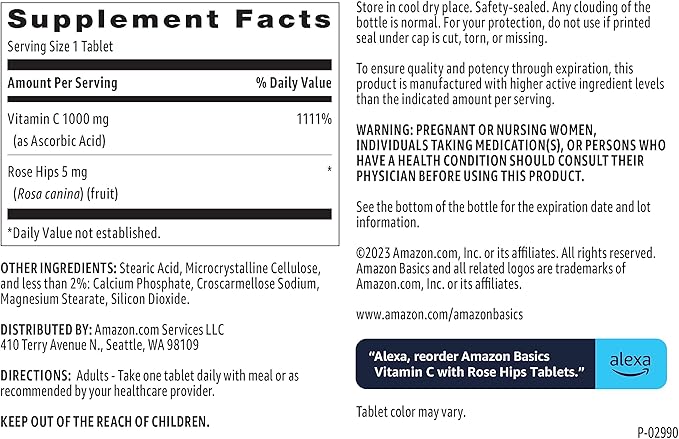 Amazon Basics - Vitamin C, 1000 mg with Rose Hips 5mg, 90 tablets (1 per serving), Gluten Free