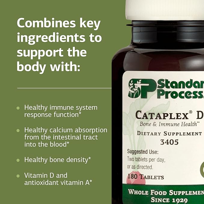 Standard Process Cataplex D - Supports Immune System, Bone Strength & Bone Health - Aids Calcium Absorption - Contains Vitamin D and Antioxidant A - Gluten-Free, Non-Dairy & Non-Soy - 180 Tablets