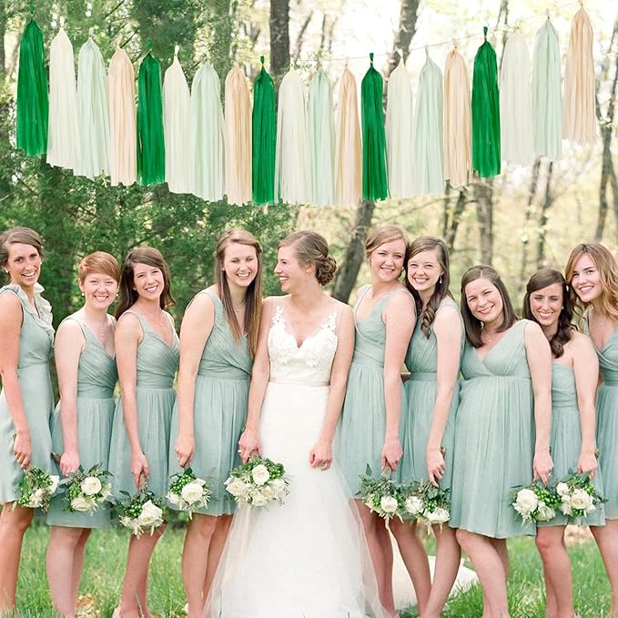 Olive-Sage Green Beige Champagne-Gold Party-Decorations - 33pcs Rustic Banner,Streamers Tassel Garland,Tissue Pom Poms,Paper Lantern Fans,Boho Neutral Baby Shower Birthday Bridal Decor Hugtmr