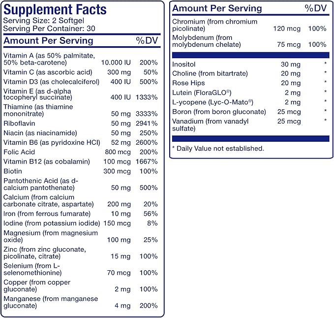 30-in-1 Adult Multivitamin with Iron - Antioxidant Rich Over 50 Multivitamin for Women and Men with Vitamins A C D E B Complex Zinc Magnesium Myo Inositol Lutein Lycopene & More - 1 Month Supply