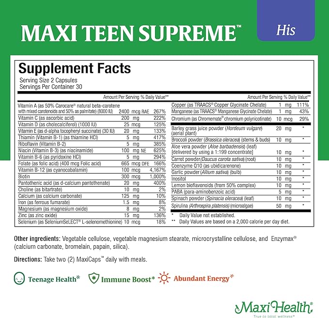 Teen Vitamins for Boys 12-17 - Teen Multivitamin Supreme with D3, Iron, Calcium, Biotin, Digestive Enzymes – Teenager Boy Multi Vitamins for Energy, Brain & Mood Support – 60 Count