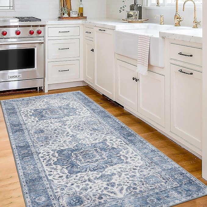 ReaLife Rugs Machine Washable Area Rug Runner - Living Room Bedroom Bathroom Kitchen Entryway Office - Padded Low Pile Stain Resistant Premium - Boho Farmhouse Vintage - Joy - Blue Ivory 2'6" x 8'