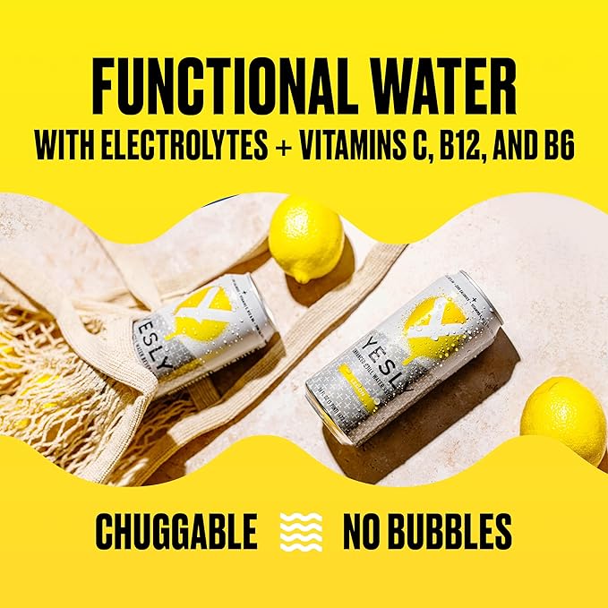 Yesly Functional Water, Lemon, Naturally Flavored Still Water with Electrolytes, Magnesium, Potassium, Vitamin C, B6 & B12, Zero Sugar, No Artificial Sweeteners, Caffeine Free, 16 Fl Oz Cans, 12 Pack