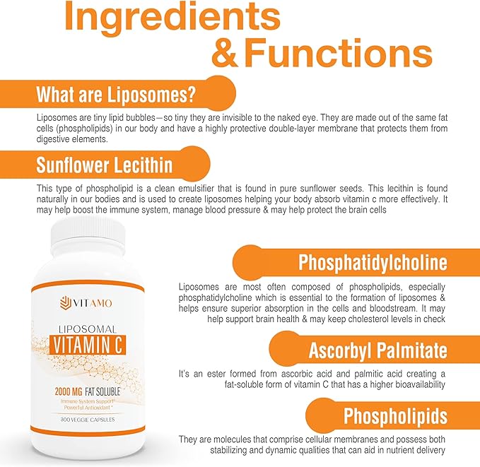 Liposomal Vitamin C 2000mg | Superior Delivery System | 300 Capsules Immune Support & Collagen Booster | High Absorption Ascorbic Acid, High Dose Vitamin c, Zero Soy, 100% Non–GMO