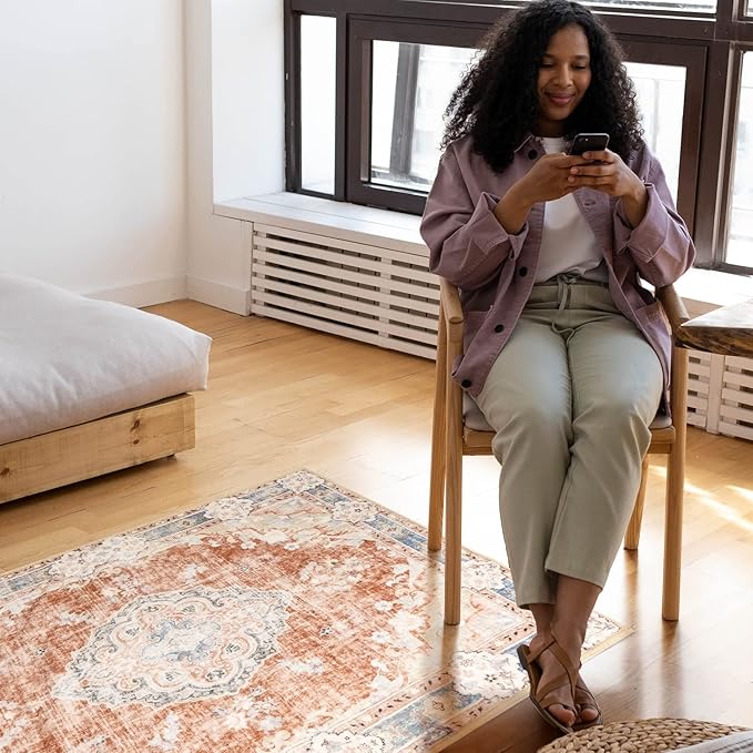 MUJOO Boho Rug 3'x5' Machine Washable Area Rugs Small Non Slip for Entryway Bedroom Bedside Kitchen Hallway Living Room Laundry Indoor Mat Soft Low-Pile Floral Orange Navy Blue