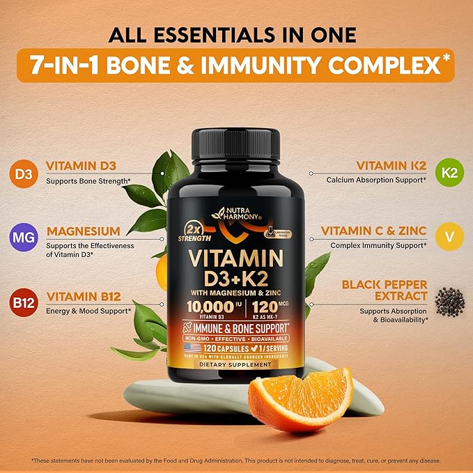 Vitamin D3 K2 - Vitamin D3 10000 iu & K2 as MK-7 120 mcg - Immune & Mood Support, for Bone & Teeth Health - with Magnesium, Zinc & Vitamin C & B12 - Highly Bioavailable - Made in USA, 120 Capsules