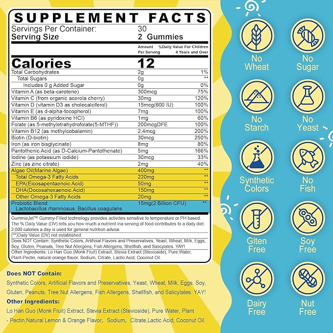 (2 Pack) Kids Multivitamin Gummies with Iron, Sugar Free, Kids Daily Vitamins + Probiotics, Algae Omega 3 (EPA/DHA), A, C, D, Methyl B12, Folate, B6, Zinc, Biotin, for Healthy Growth, Immune Support