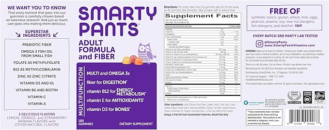 SmartyPants Fiber Supplement & Multivitamin for Men & Women: Multivitamin Fiber Gummies with Vitamin D3, C, Vitamin B12, B6, A, K & Zinc, Omega 3 Fish Oil (EPA/DHA), Biotin, 180 Count (30 Day Supply)