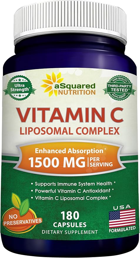 aSquared Nutrition Vitamin C Liposomal Complex - 1500mg Supplement - 180 Capsules - High Absorption VIT C Ascorbic Acid Pills - Supports Immune System & Collagen Health - 90 Servings