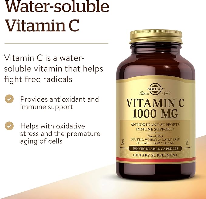 Solgar Vitamin C 1000 mg, 100 Vegetable Capsules - Antioxidant & Immune Support - Overall Health - Healthy Skin & Joints - Bioflavonoids Supplement - Non-GMO, Vegan, Gluten Free, Kosher - 100 Servings