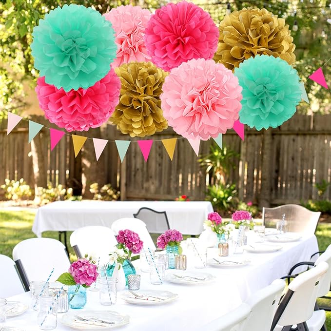 Mint Blush Hot-Pink Gold Party-Decorations - 30pcs Tissue Pom Poms Streamers, Girls Birthday Tassel Garland Banner,Wedding Engagement Baby Bridal Shower Bachelorette Brunch Decor Ouruola