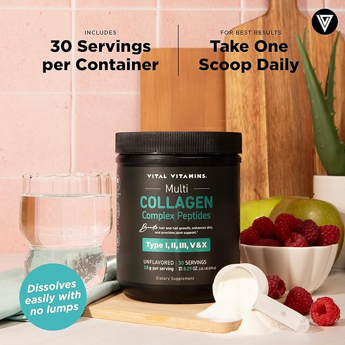 Vital Vitamins Multi Collagen Peptides Powder - Unflavored, Easy to Dissolve - Type I, II, III, V, X - for Women & Men - Promotes Hair, Skin, Nails, & Joint Health - 30 Servings