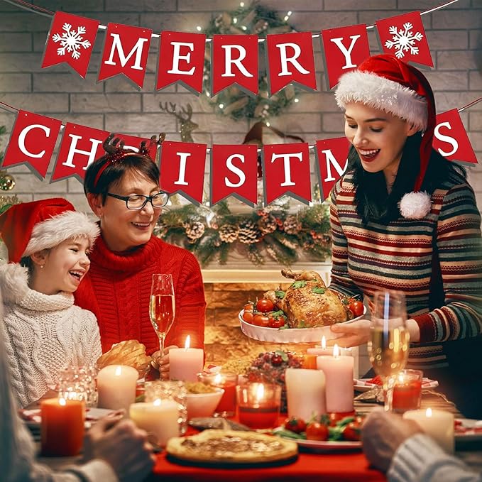 Red Merry Christmas Banner, Christmas Party Decorations, Indoor Outdoor Home Hanging