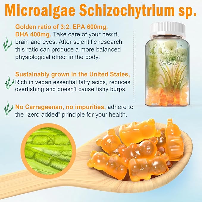 Vegan Omega 3 Gummies 1280mg + Vitamin D3 K2 (MK7), Omega 3 Fish Oil Alternative for Adults, w/Algae EPA 600mg & DHA 400mg, MCT Oil - No Fish Taste - for Brain, Eye, Immune Health, Sugar Free, 1 Pack