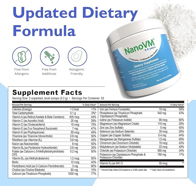 4-8 Years, Allergen-Free Kids Multivitamin, Unflavored Powdered Vitamins, Multivitamin Powder with 14 Vitamins & 13 Minerals, Low-Carbohydrate Vitamin Supplements, 275g - Solace Nutrition