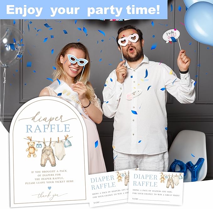 Diaper Raffle Game Kit with Arched Display Board & Stand - Blue Baby Clothes, 7x10 Inch Gender Neutral Baby Shower Sign with 50 Tickets, Natural Theme Decor (B07)