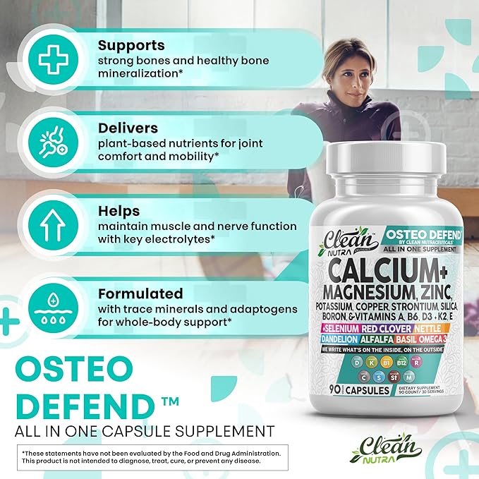 Allin1 Calcium Magnesium Zinc Supplement with Potassium, Copper, Strontium, Silica, Vitamin D3 K2, Boron, Vitamin B1 B12 Red Clover Herb Alfalfa Basil Pills for Men & Women Clean Nutra Osteo Defend