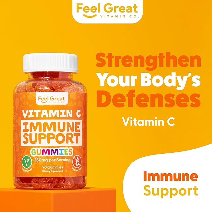 Vitamin C Gummies for Adults & Kids by Feel Great Vitamin Co. | 90 Orange Flavored Gummies | Immunity Support, Plant-Based Fruit Pectin