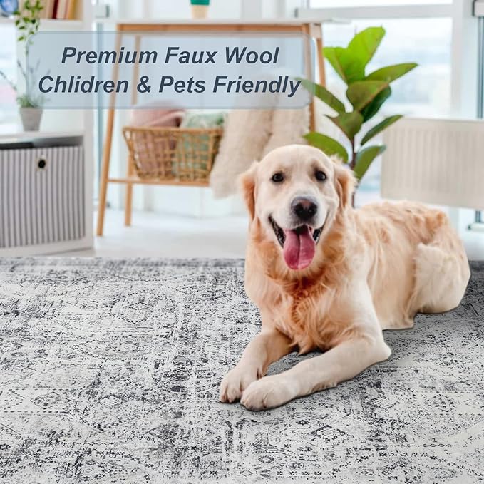 Area Rug 5×7, Vintage Boho Rug,Ultra-Soft Low Pile, Washable, Non Slip,Stain Resistant Printed Carpet for Living Room Bedrooms Playroom Office Kitchen, Classic Grey.