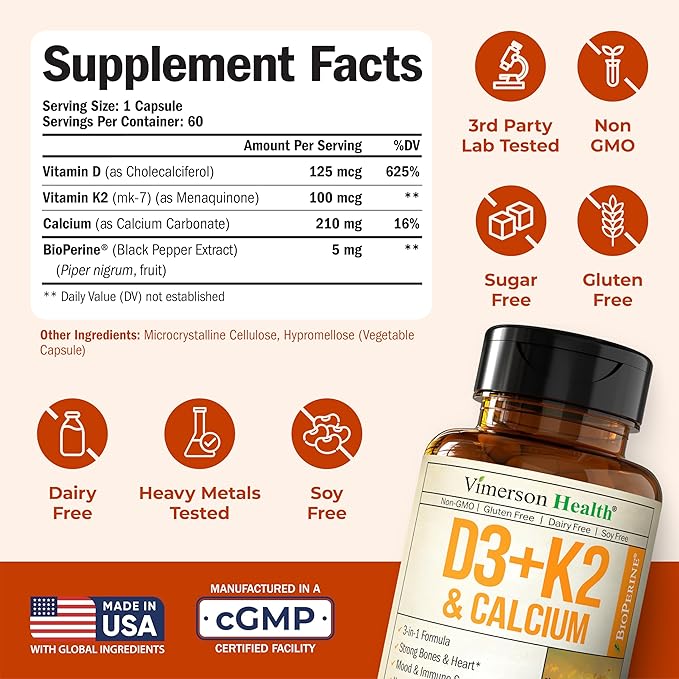 Vitamin D3 K2 5000 IU Supplement – Vitamin D + Vitamin K2 (as MK7) + Calcium – 3-in-1 Support for Immune, Bone & Heart Health – K2 D3 Vitamin Supplement with Black Pepper for Max Absorption – 60 Caps