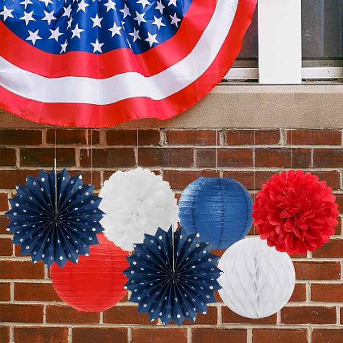 Fourth-4th of July-Imemorial Party-Decorations Lanterns - 14pcs Red White Blue Graduation Paper Streamers Fan,Tissue Pom Poms Streamer,Honeycomb Balls,USA Patriotic America Independence Decor Ouruola