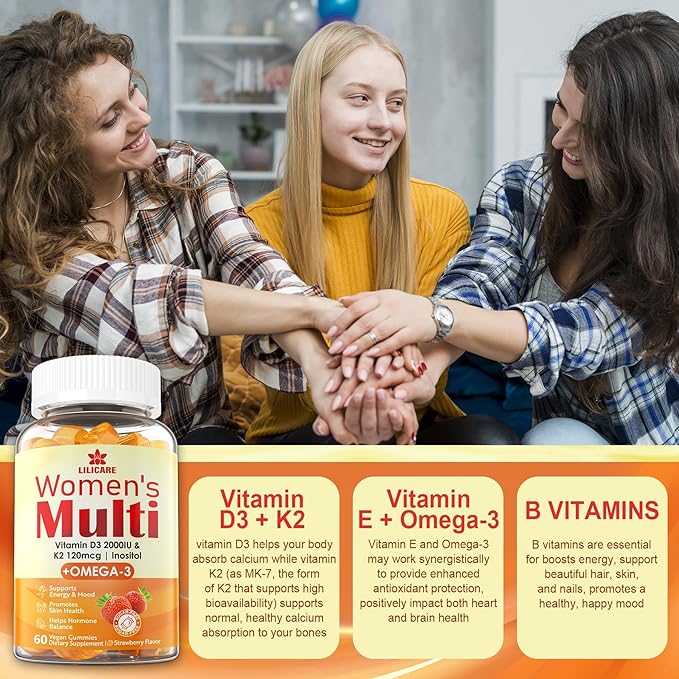 Womens Multivitamin Gummy with Omega 3(DHA/EPA), Vitamin D3 K2, Calcium, Inositol, Daily Womens Vitamin A C E B Complex, L-MethylFolate, Methyl B12,Sugar Free Methylated Multivitamins Minerals, 60Cts